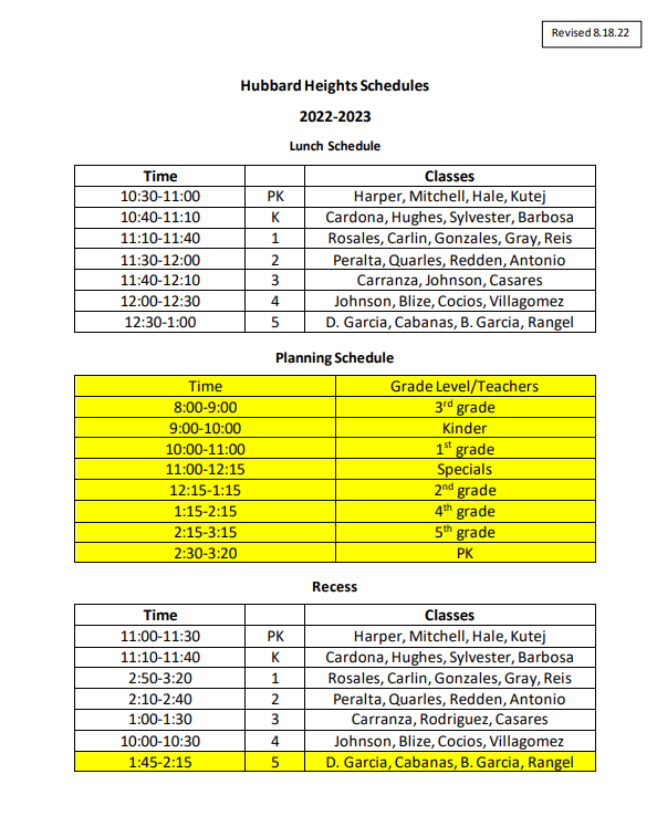 HHE Schedules